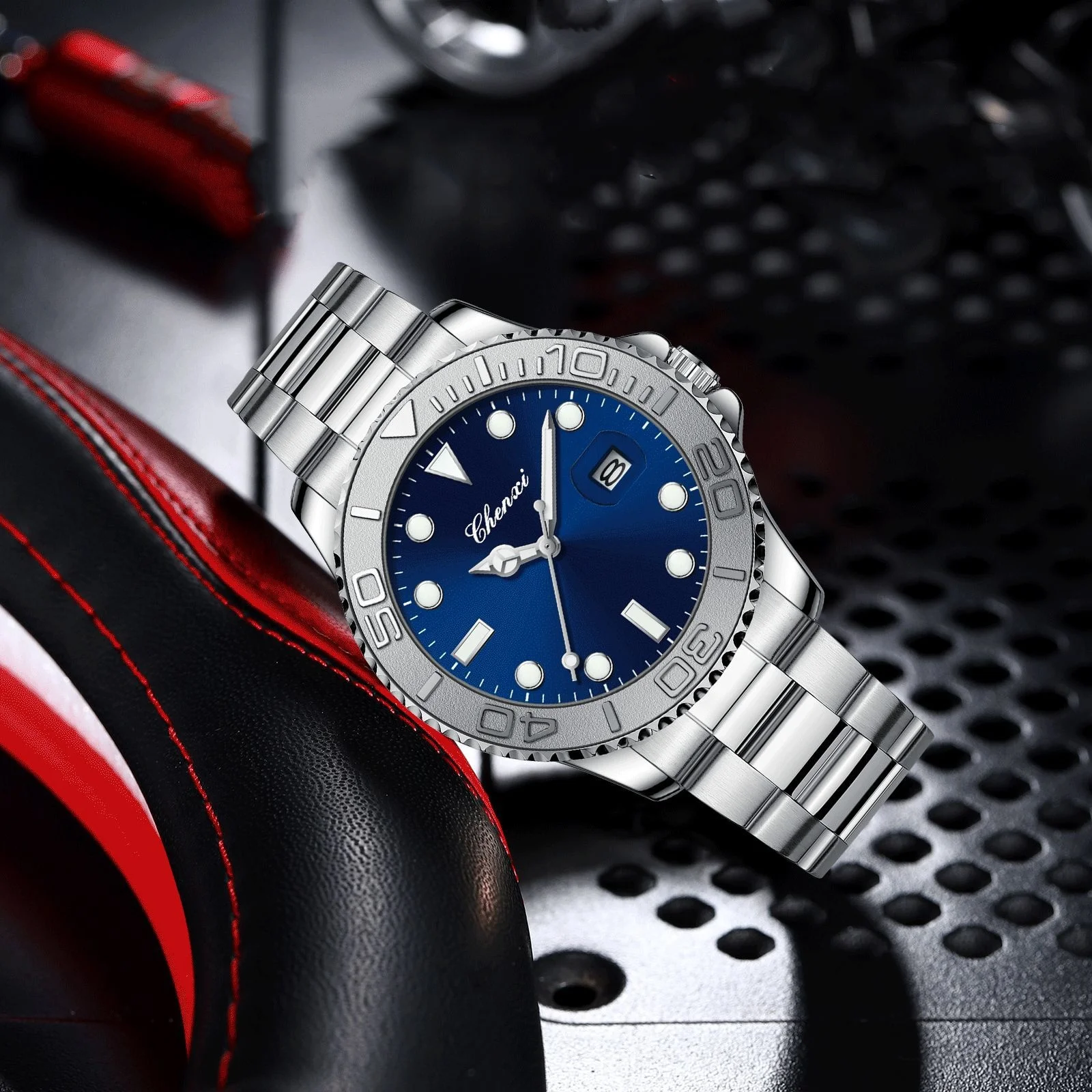 CHENXI 0015 Men's Quartz Watch Fashion Business Calendar Luminous Stainless Steel Strap Wristwatch for Male