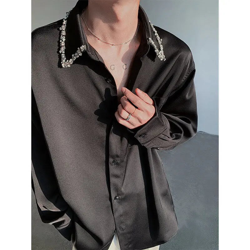 

Spring Summer Men's Long Sve irt Smooth Acetate Bead Decoration Heavy Work Design High Faion Breathable Polyester Urba...