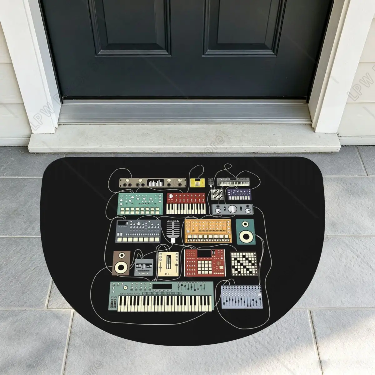 Electronic Musician Synthesizer And Drum Machine Dj Soft Flannel Half Round Doormat Non Slip Bathroom Mat Absorbent Floor Carpet
