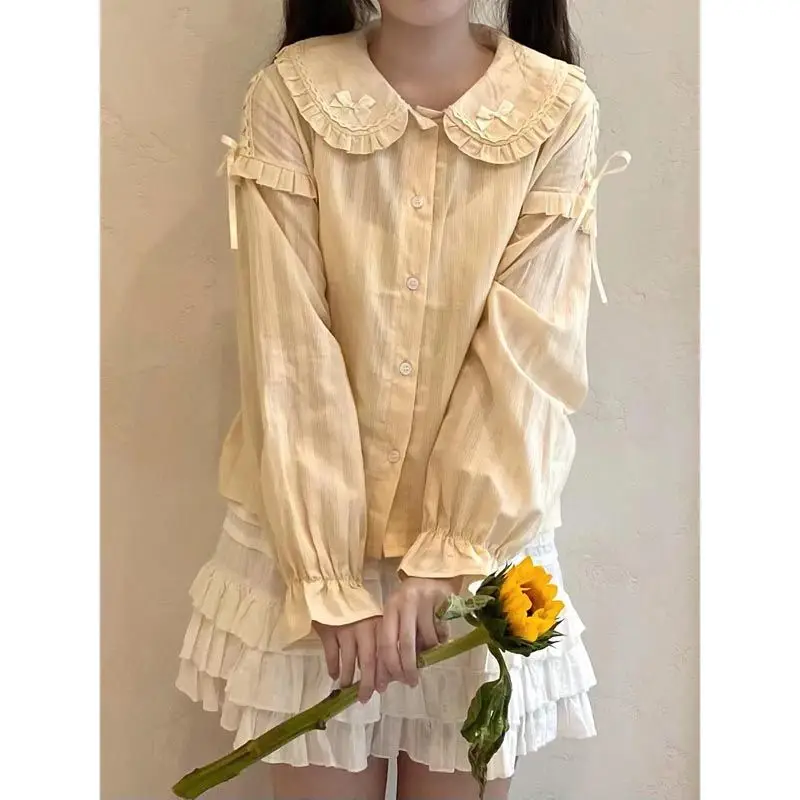 Camisa lisa japonesa Kawaii que combina con todo, Tops para niñas, blusas bonitas de moda Lolita para mujeres, blusa elegante con mangas abullonadas, ropa para mujer