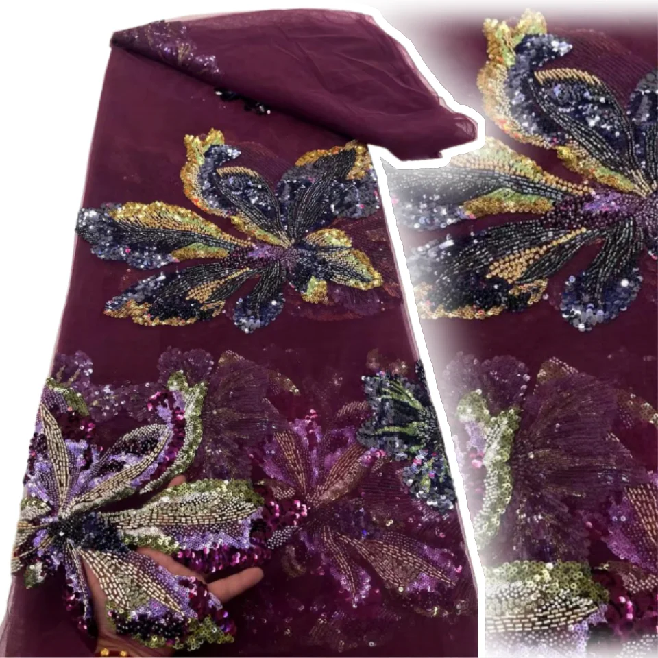 

Latest Wine red Heavy Beads Sequins African Nigerian Evening Lace Fabric 2025 Handmade Beaded French Lace Fabric TP1280