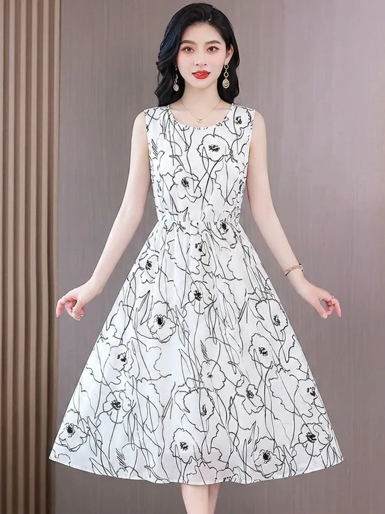 

Elegant A-Line Midi Dress Sleeveless Women's Summer Slimming Floral Print Casual round Neck Dress for Mature Women