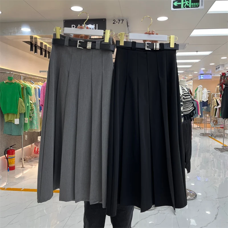 

Women's Summer Elegant Pleated Suit Skirt Lady Office Wear Streetwear High Waist A Line Long Skirt