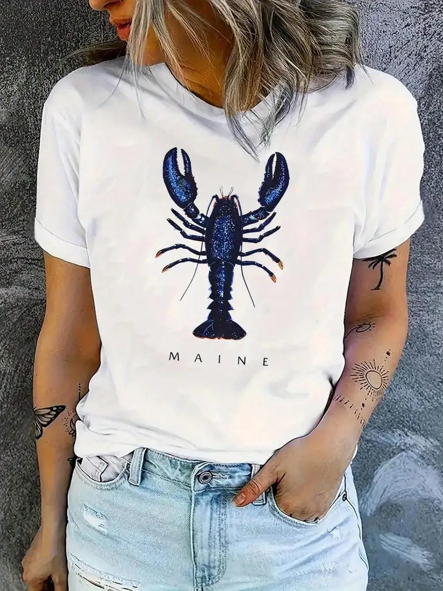 Women s Stylish Lobster Graphic Print Short Sleeve T-Shirt - Soft Cotton Blend, Casual Summer Top With Vibrant Blue Orange Lobster Design, Comfor