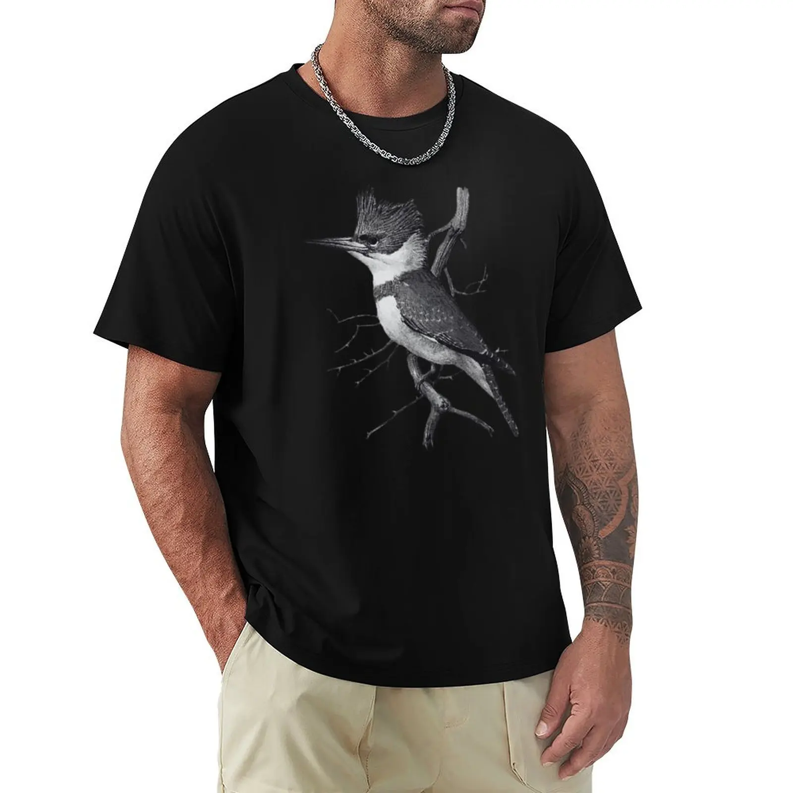 Black And White Belted Kingfisher T-Shirt Art Pattern Printed Casual Top