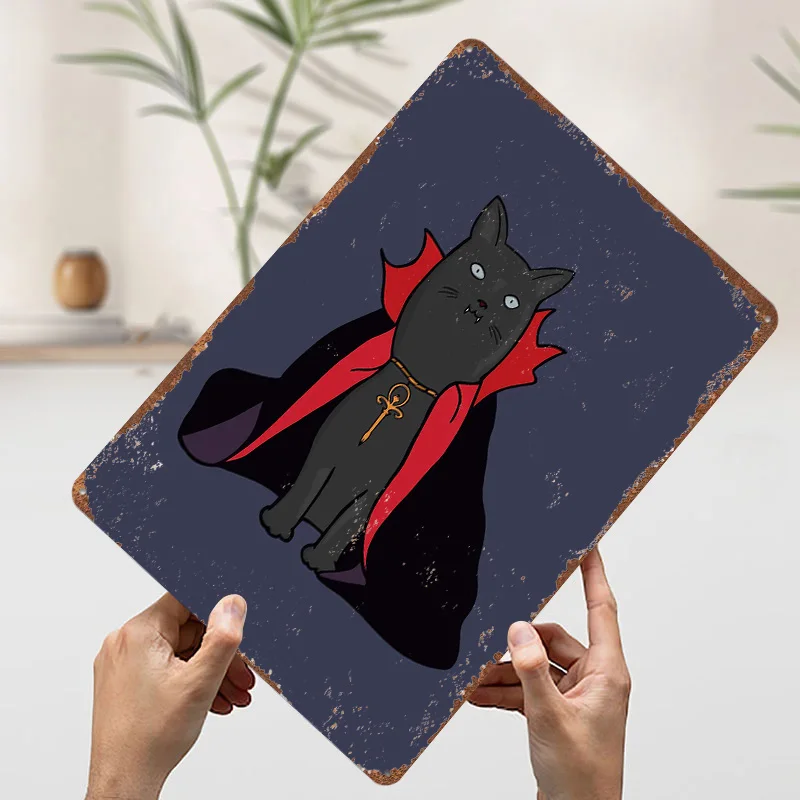 ミッドナイトヴァンパイアキャット ウィズ・ア・ケープ メタルポスター メタルサイン ウォールアート カスタムティンサイン ホームデコレーション ガレージデコレーション レトロ