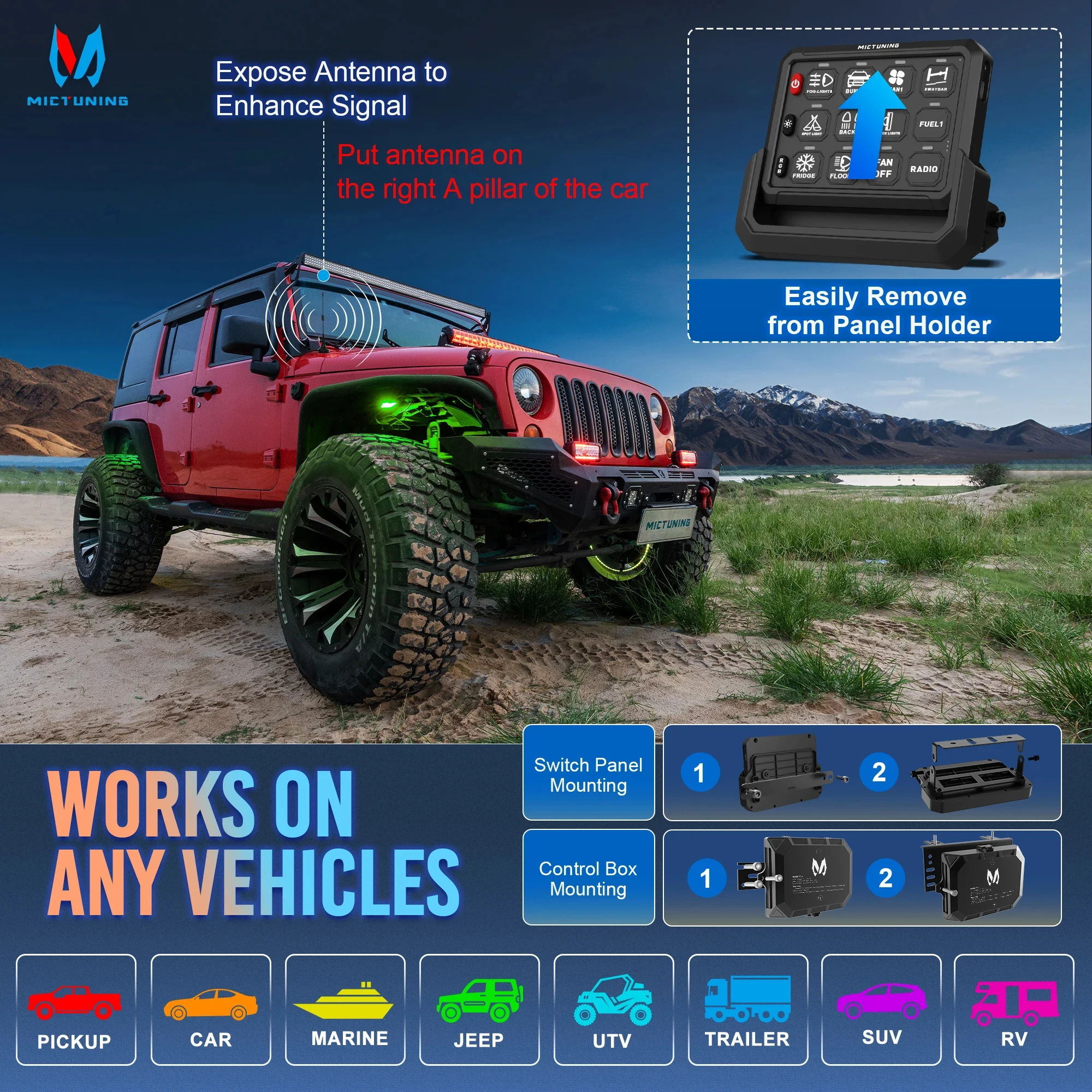 

MICTUNING Universal 12-Pods switch panel, wireless cordless design, adjustable RGB colour brightness, 4-6 hours of standby time