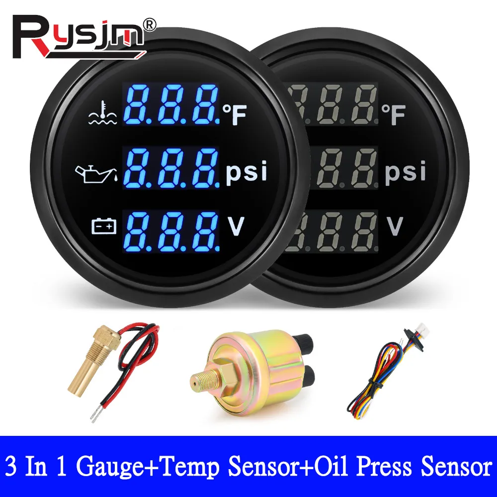 

52mm Digital 3IN 1 Gauge Oil Pressure Water Temperature Volt Gauge BLUE LED with Sender Water Temp Oil Press Sensor 12V/24V
