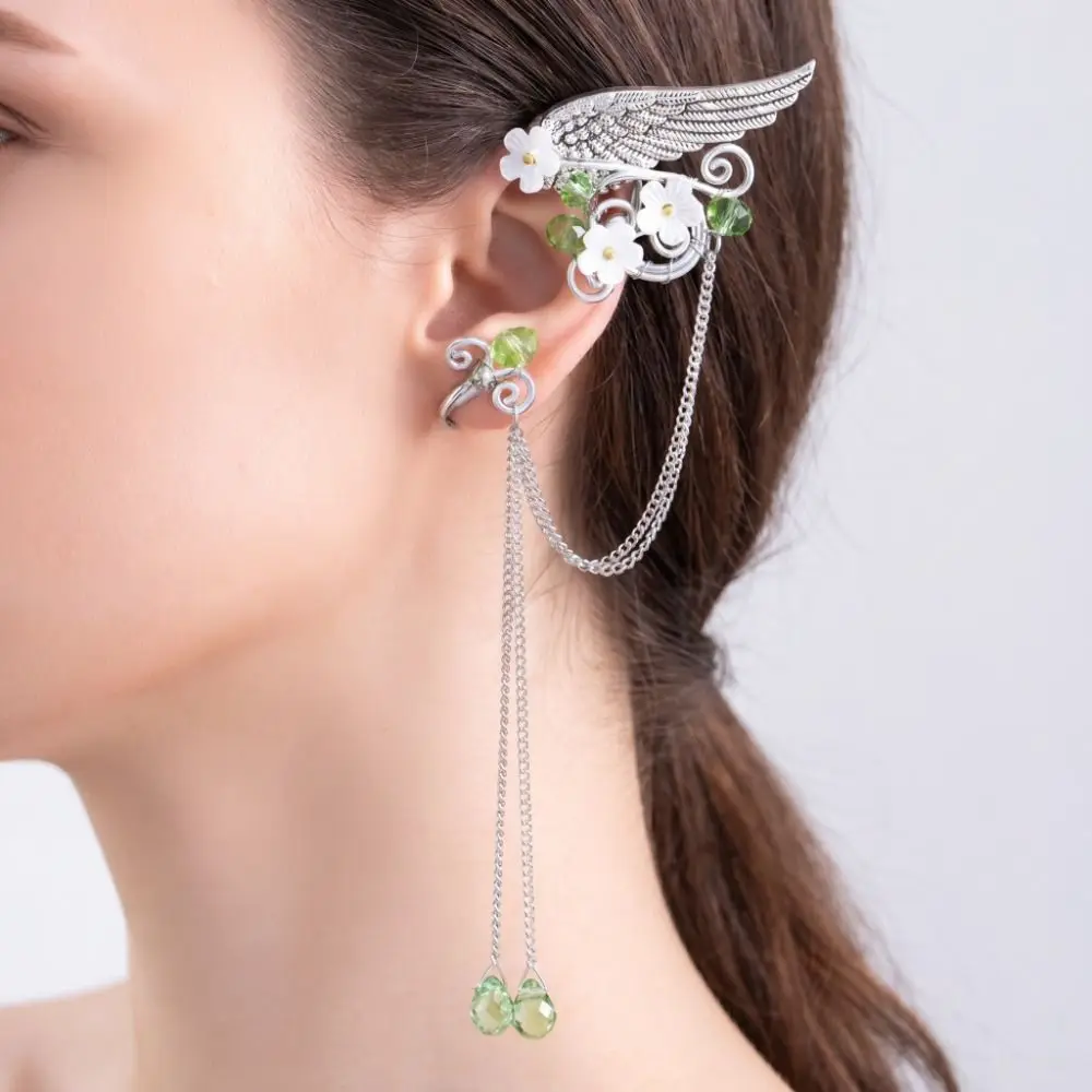 Left Ear Right Ear Alloy Elf Ear Clip Crystal Elf Ear Long Tassel Earrings Jewelry Accessories Hollow Out Flower Ear Clips Women