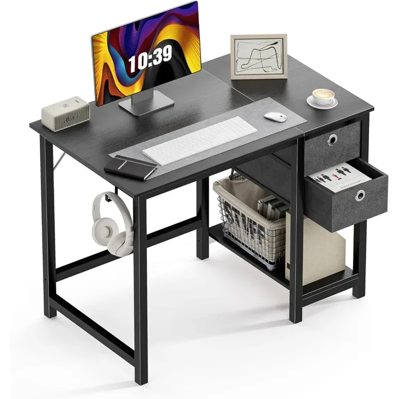 Small Computer Desk, 40X24 Inch Office Writing Work Study Gaming PC Table with 2-Tier Drawers Storage Shelf, Side Headphone Hoo