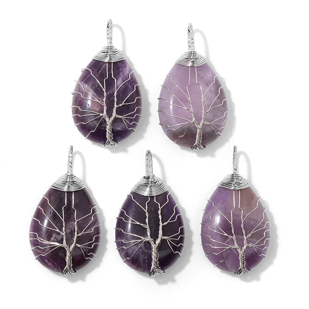 Moda ametista pedra gem pingente natural roxo quartzo prata cor charme jóias acessório para colar pulseira colar diy