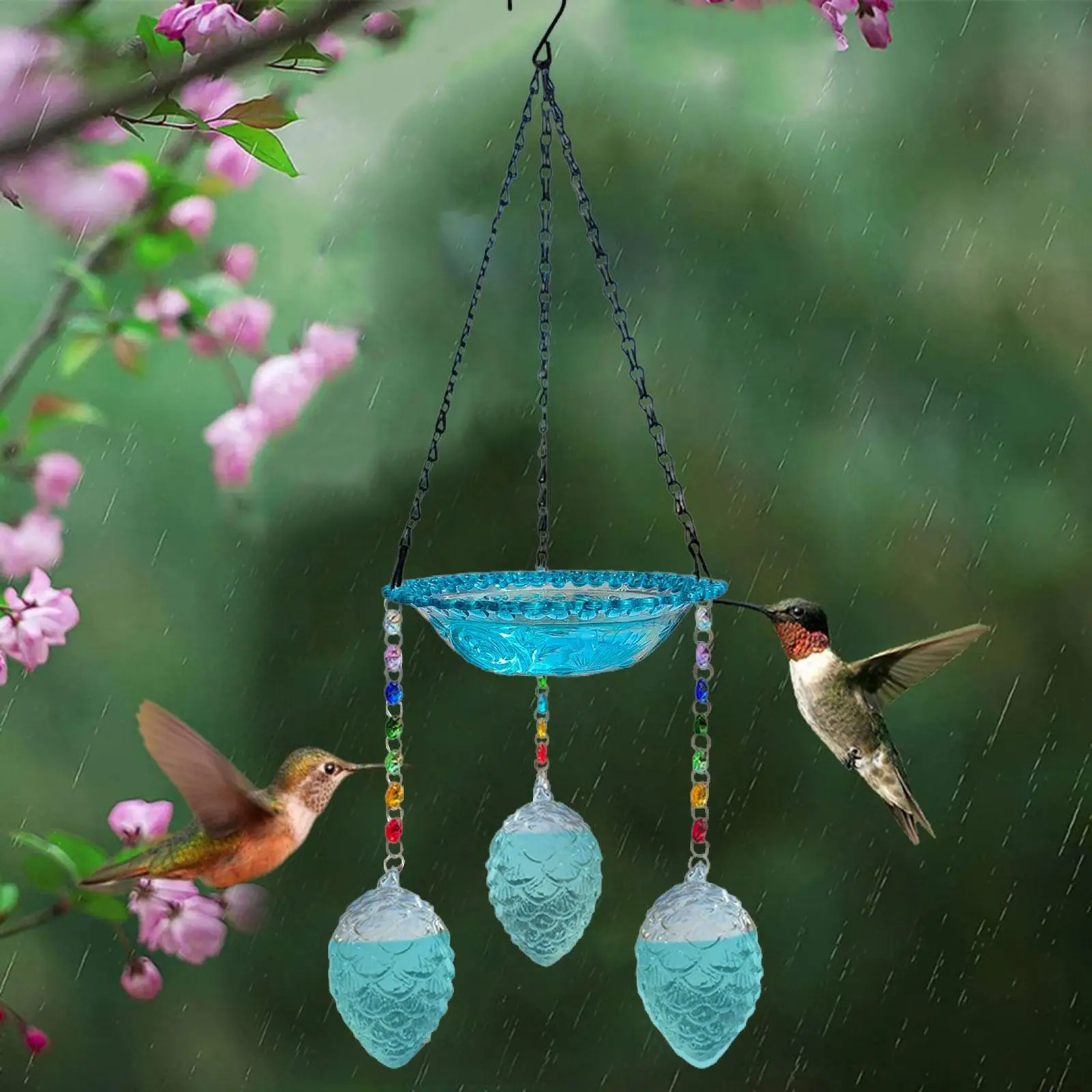 

Hanging Bird Bath Decorative Decor Glass Ornament Feeding Station Hummingbird Feeder for Backyard Outside Outdoor Patio Balcony