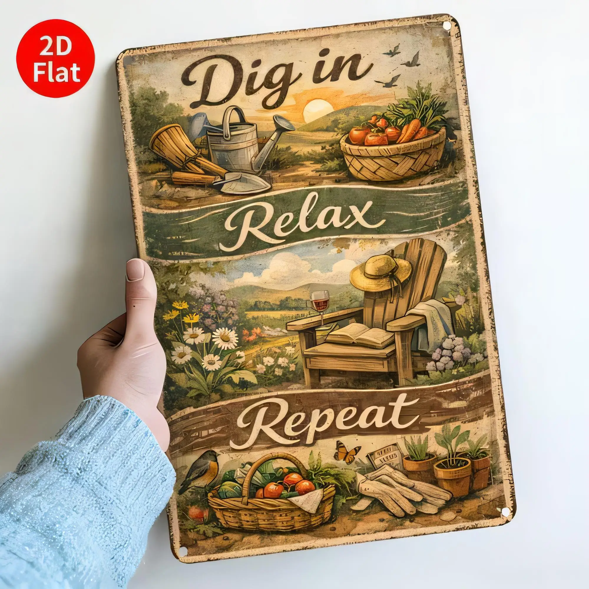 Plaque en métal vintage style ferme « Dig In Relax Repeat » pour jardin, paysage, décoration murale rustique pour cuisine et salle à manger