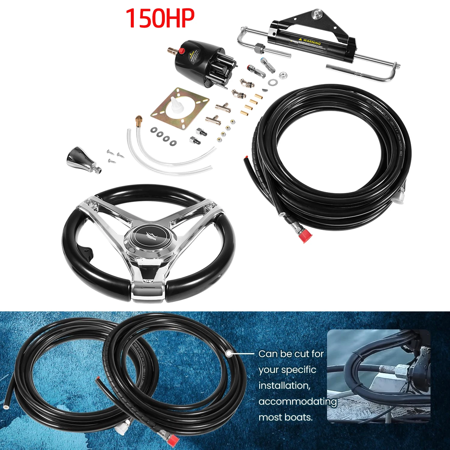 Boat 150HP Hydraulic Steering Kit  with Steering Wheel - for Single Station, Single-Engine use Built-in Two-Way Lock Cylinder
