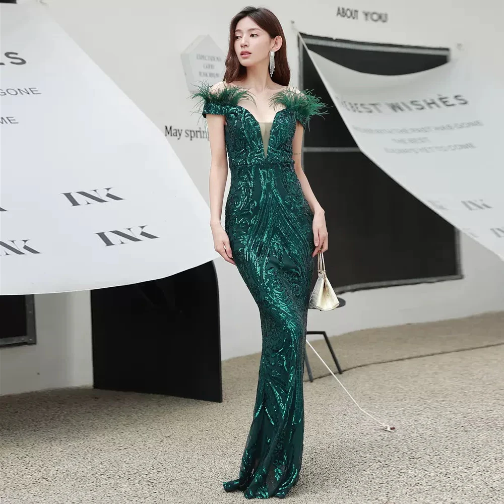 DSP Off Shoulder Emerald Green Sequins Prom Dresses Woman Chic Evening Party Dresses Special Occasion Dress Birthday Dresses