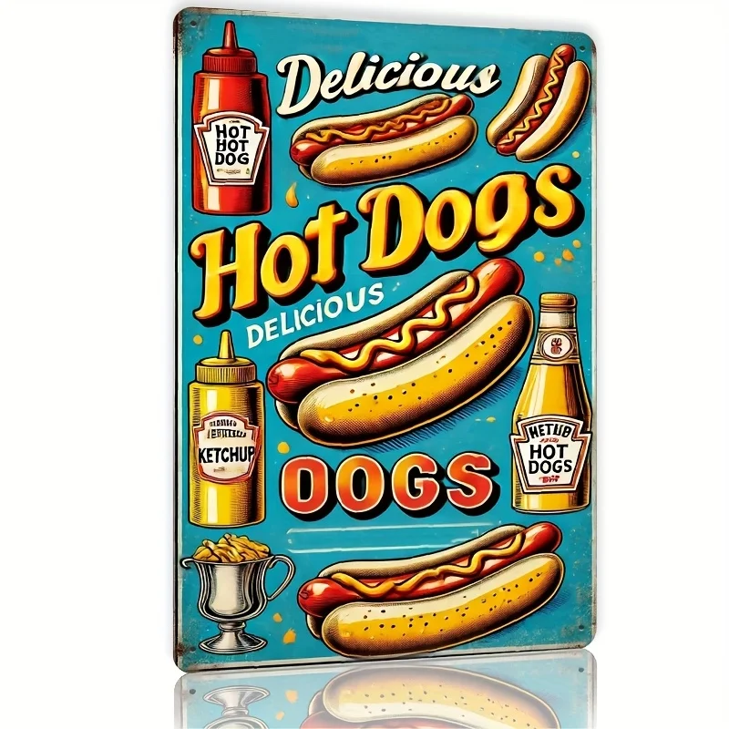 Sinal de metal vintage para cães-quentes, 8x12 espaços, decoração retrô engraçada de cozinha e bar com mostarda e ketchup, arte de parede de alumínio fácil de pendurar