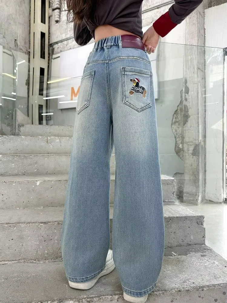 Teenager Girl New Spring Fashion Denim Pants Korean Children Loose Fit Jeans For Kids Casual Straight Cut Jeans Trousers 4-14Y