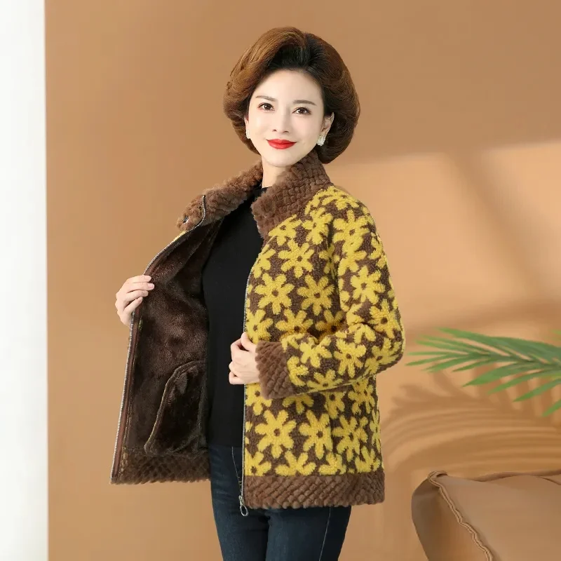 Autumn Winter Velvet Thickened Mother Coat Fashion Middle-Aged Old Stand Collar Warm Cotton Coat New Temperament Sunflower Coat