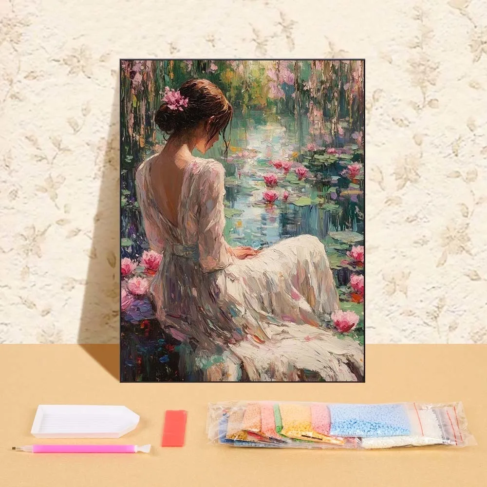 

Diamond Painting Vintage Art Painting 5D DIY Full Round Lotus Pond Landscape Mosaic Picture Embroidery Home Wall Art Decor Gift