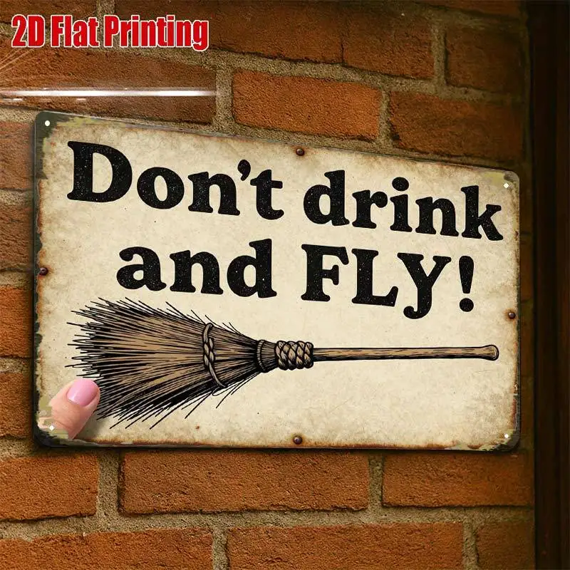 2D Flat - 2D-Flat, 1pc Witch Broomstick Wall Art Sign, Creative Tin Sign Garage Decoration, Bold Lettering, High-Quality Print,
