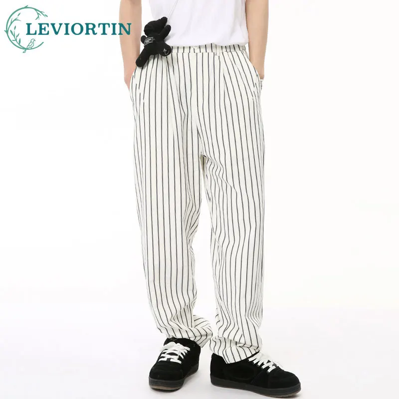 Men's Wear Korean Edition Lazy Contrast Vertical Stripe Pants Streetwear Casual Draping Long Pants Trendy Wide Leg Trousers Chic