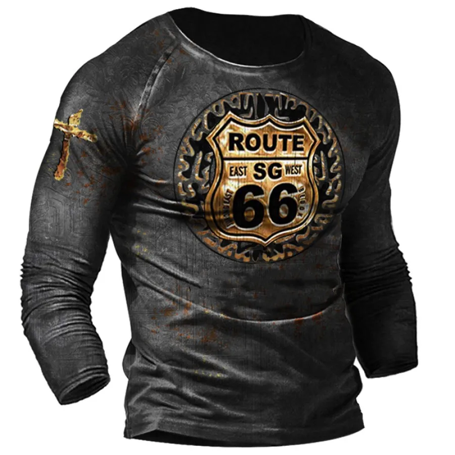 Vintage Men\'s T Shirt Long Sleeve Cotton Top Tees USA Route 66 Letter Graphic 3D Print T-Shirt Fall Oversized Loose Clothing 5XL