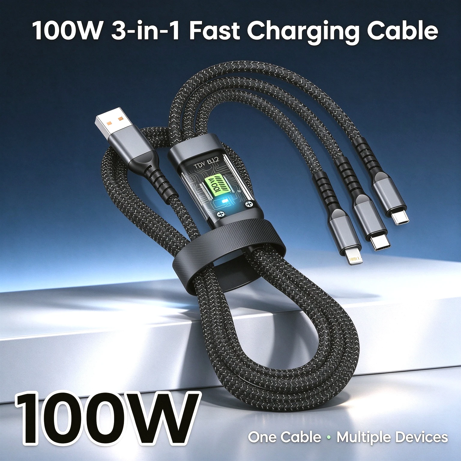 3-in-1 100W Fast Charging USB-A Cable High Speed Data Transfer Lightning Type C Micro USB Cord for iPhone Samsung Xiaomi Huawei