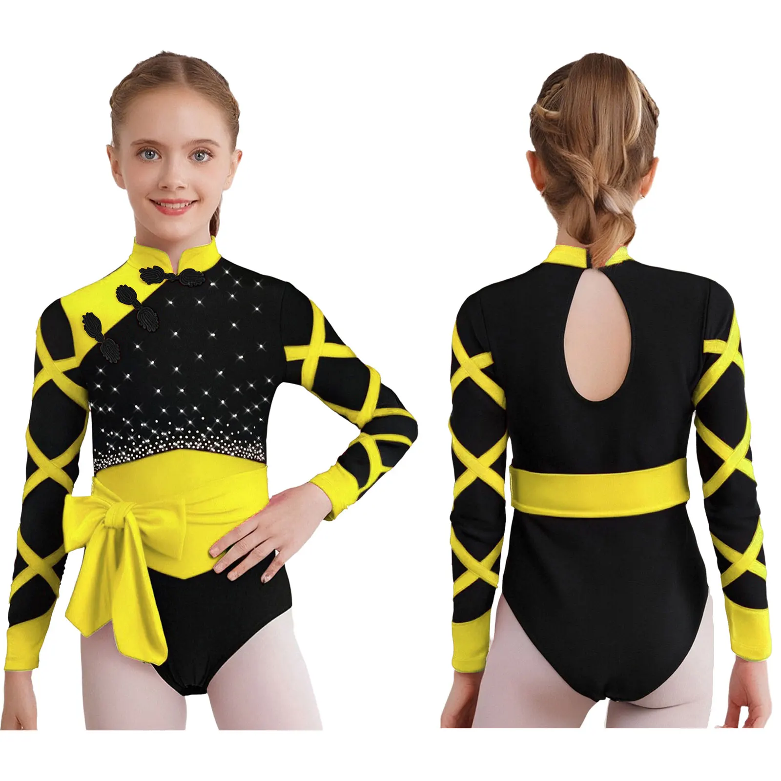 キッズガールズ体操フィギュアスケートバレエダンス衣装中国風長袖キラキララインストーンレオタードベルトショーツセット