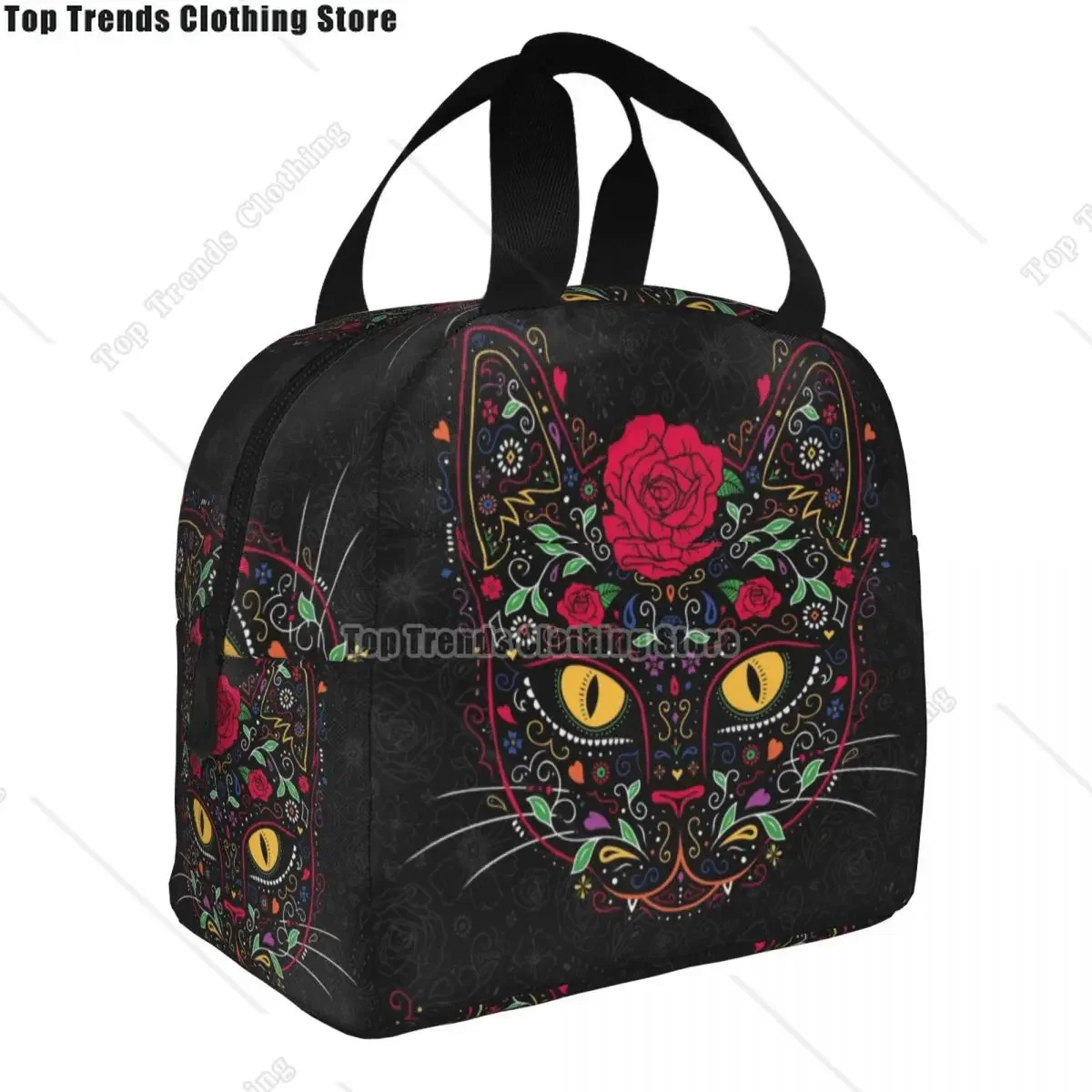 Day Of The Dead Kitten Cat Sugar Skull Insulated Lunch Bags Mexican Halloween Portable Thermal Cooler Food Lunch Box