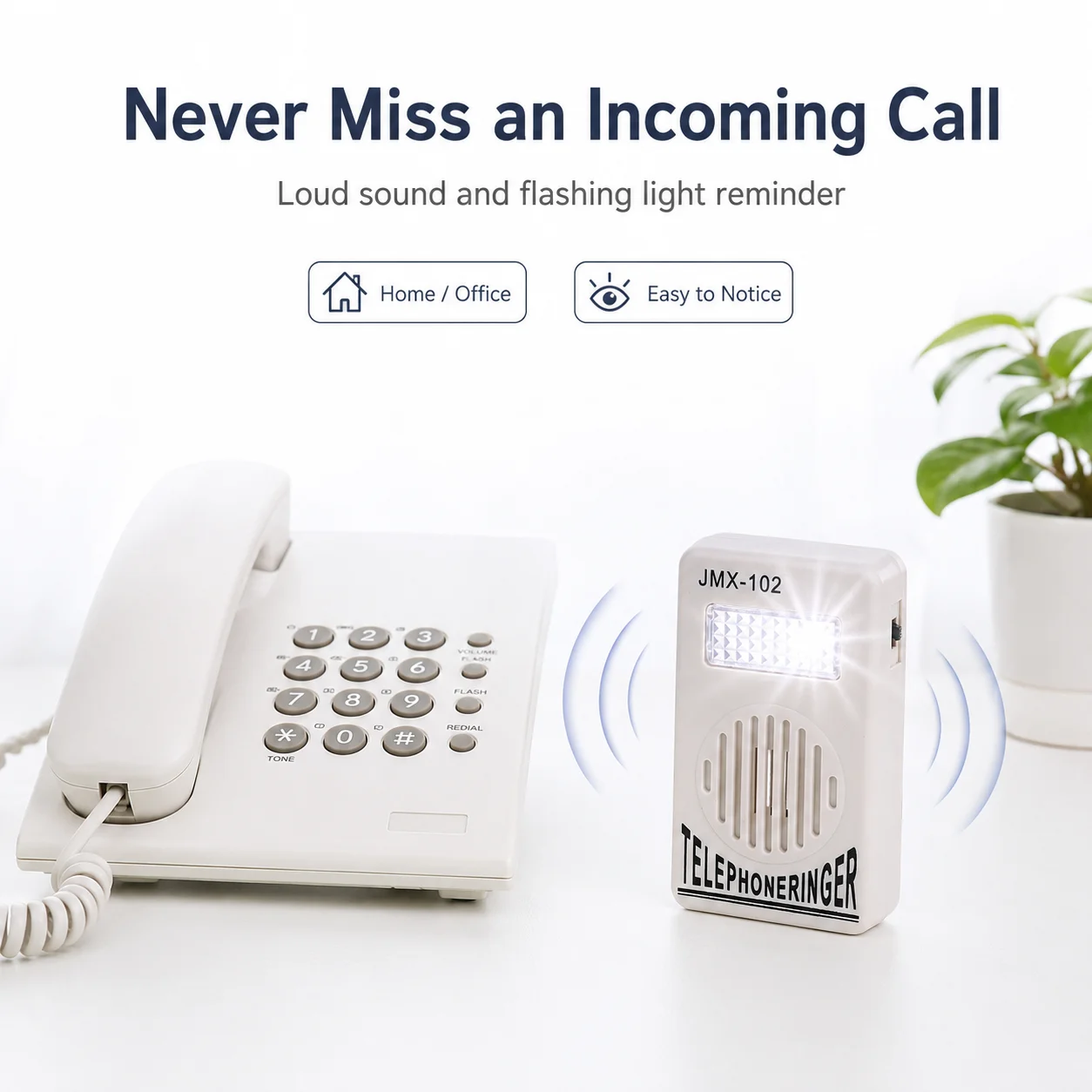 Telephone Ring Amplifier with Flash Alert 2-Level Adjustable Ringer Wall Mount Incoming Call Bell Booster