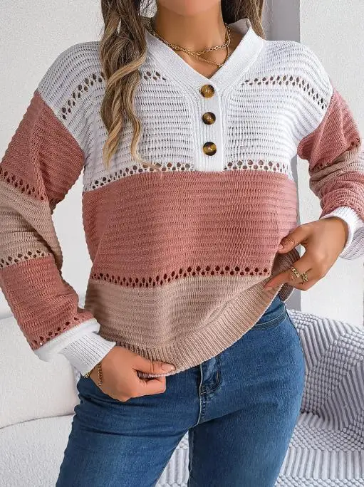 

Осень и зима 2025, новый модный цветной контрастный вязаный топ на пуговицах, женский повседневный свободный полый вязаный свитер