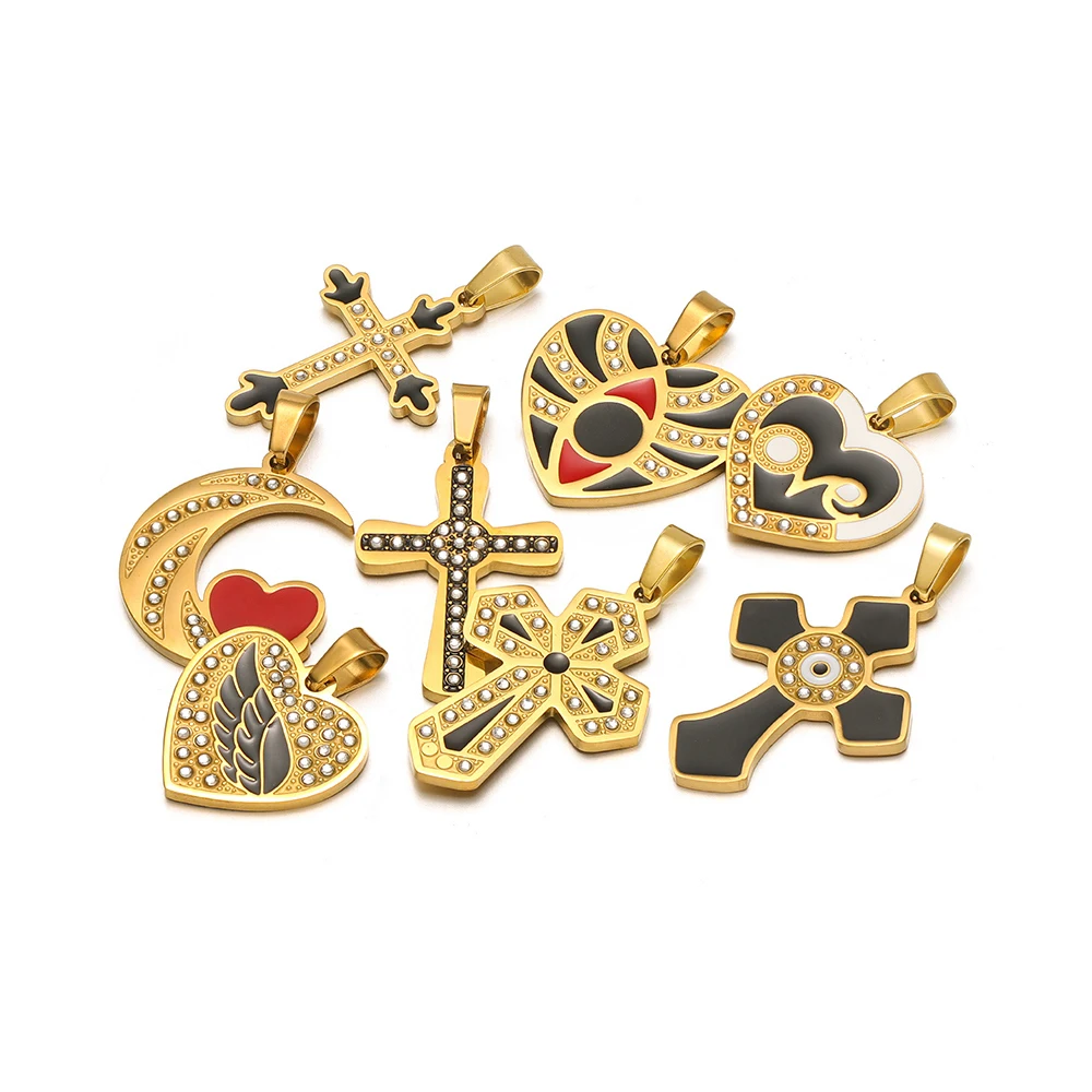4Pcs/Lot Stainless Steel Enamel Cross Heart Charms Rhinestone Pendants for Jewelry Making DIY Necklace Earrings Crafts Findings