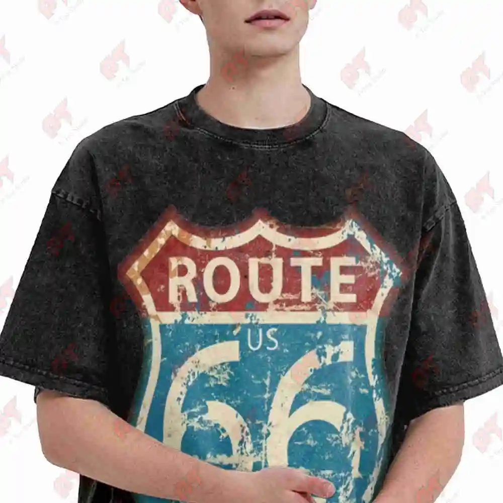 Vintage Route 66 Sign Print Distressed Vintage Washed Tee Pure Cotton T-Shirt