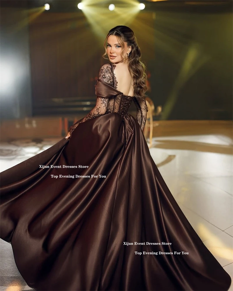 

Xijun Luxury Brown Long Evening Dresses Lace Satin Sweetheart A-Line Prom Dresses Full Sleeves Formal Prom Gowns 2026 Customized