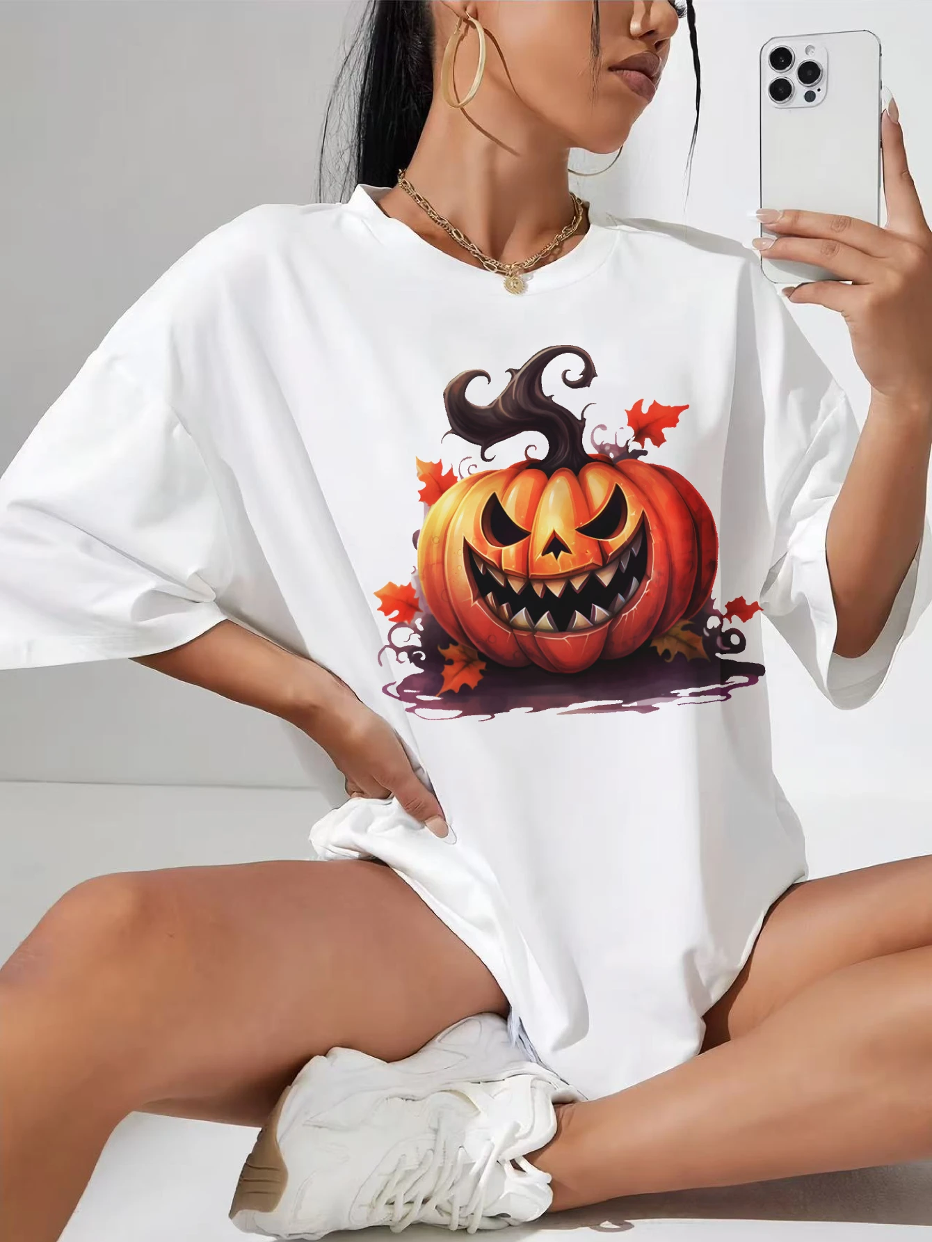 

Scary Halloween Pumpkin White bump mom tee loose fit round neck stretchy side ruching breathable