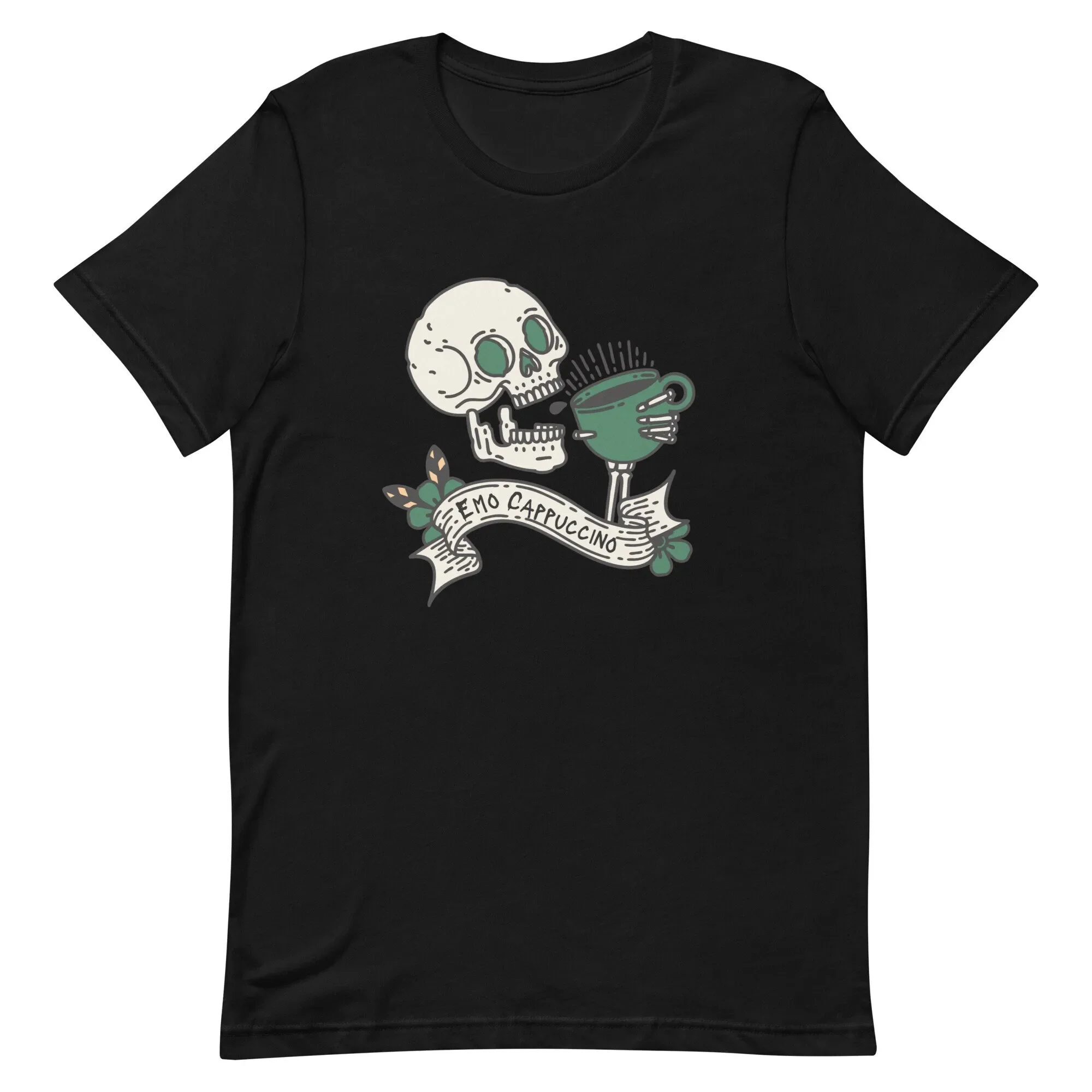Emo Cappuccino T Shirt Skeleton Coffee Drinker Spooky Tattoo Flash Cuppuccino Caffeine Lovers Bella Canvas 3001