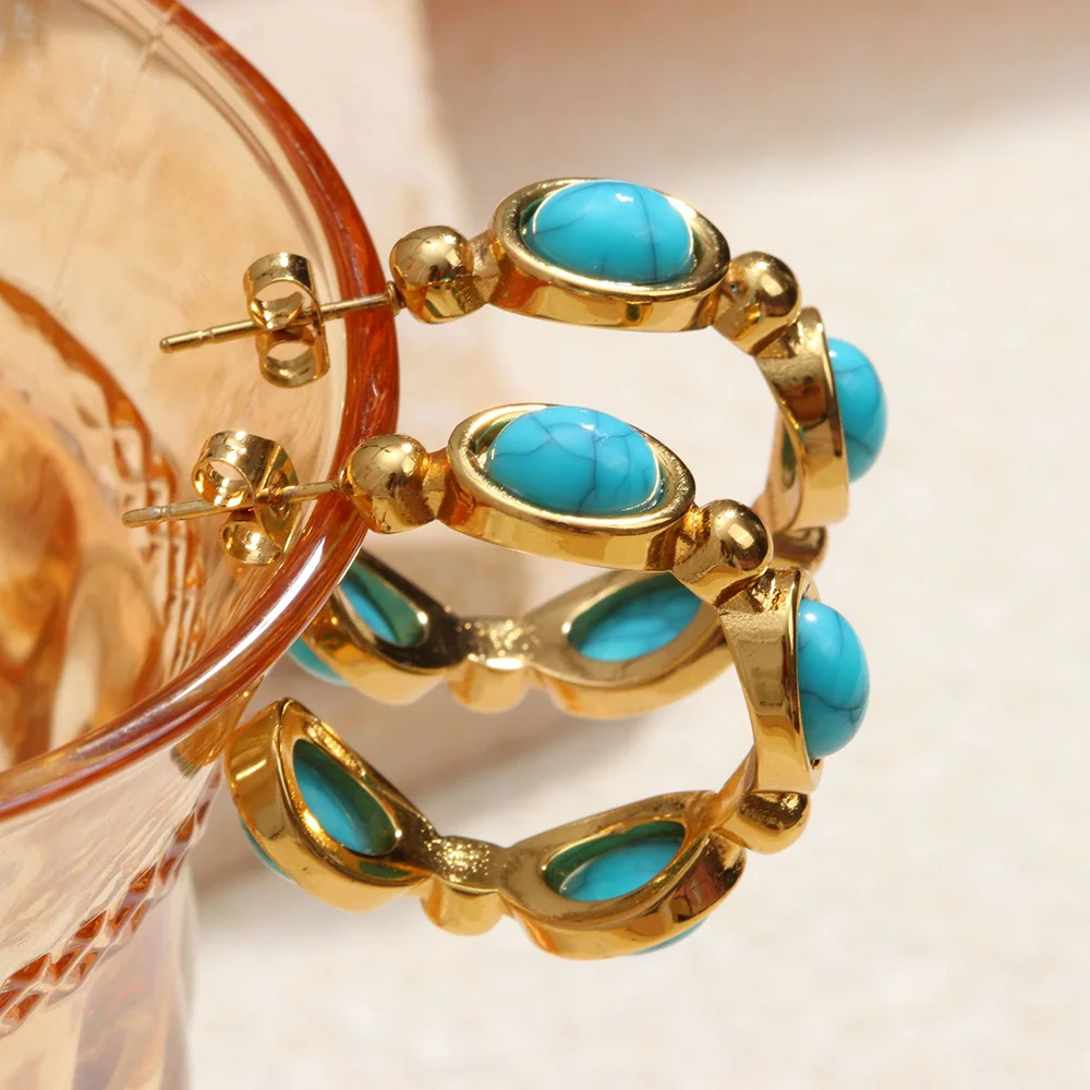 Fashion Boho Summer Turquoise Hoop Earrings for Women Geometric Round Beads Green Stone Stainless Steel Earrings Jewelry Gifts