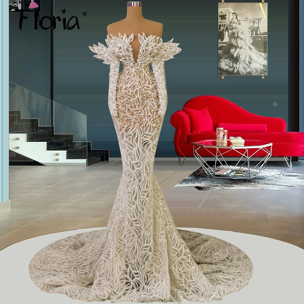 2 Styles Modern Ivory Evening Dress Court Train Vestido De Noiva Dubai Long Sleeve Formal Occasion Dresses Lace Gala Dresses