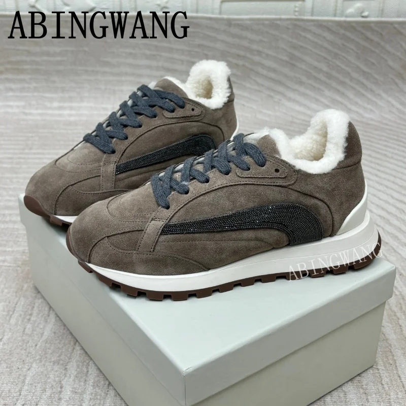 2025 inverno novas mulheres camurça retalhos dentro de pele tênis planos sola grossa sapatos casuais quentes dedo do pé redondo rendas até tênis casuais