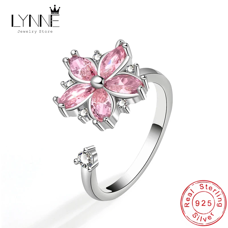 Nieuwe Elegante Prachtige Draaibare Roze Sakura Glanzende Zirkoon Verstelbare Ringen Vrouwen 925 Sterling Zilveren Mode Sieraden Geluksbloem