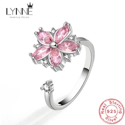New Elegant Exquisite Rotatable Pink Sakura Shiny Zircon Adjustable Rings Women 925 Sterling Silver Fashion Jewelry Lucky Flower