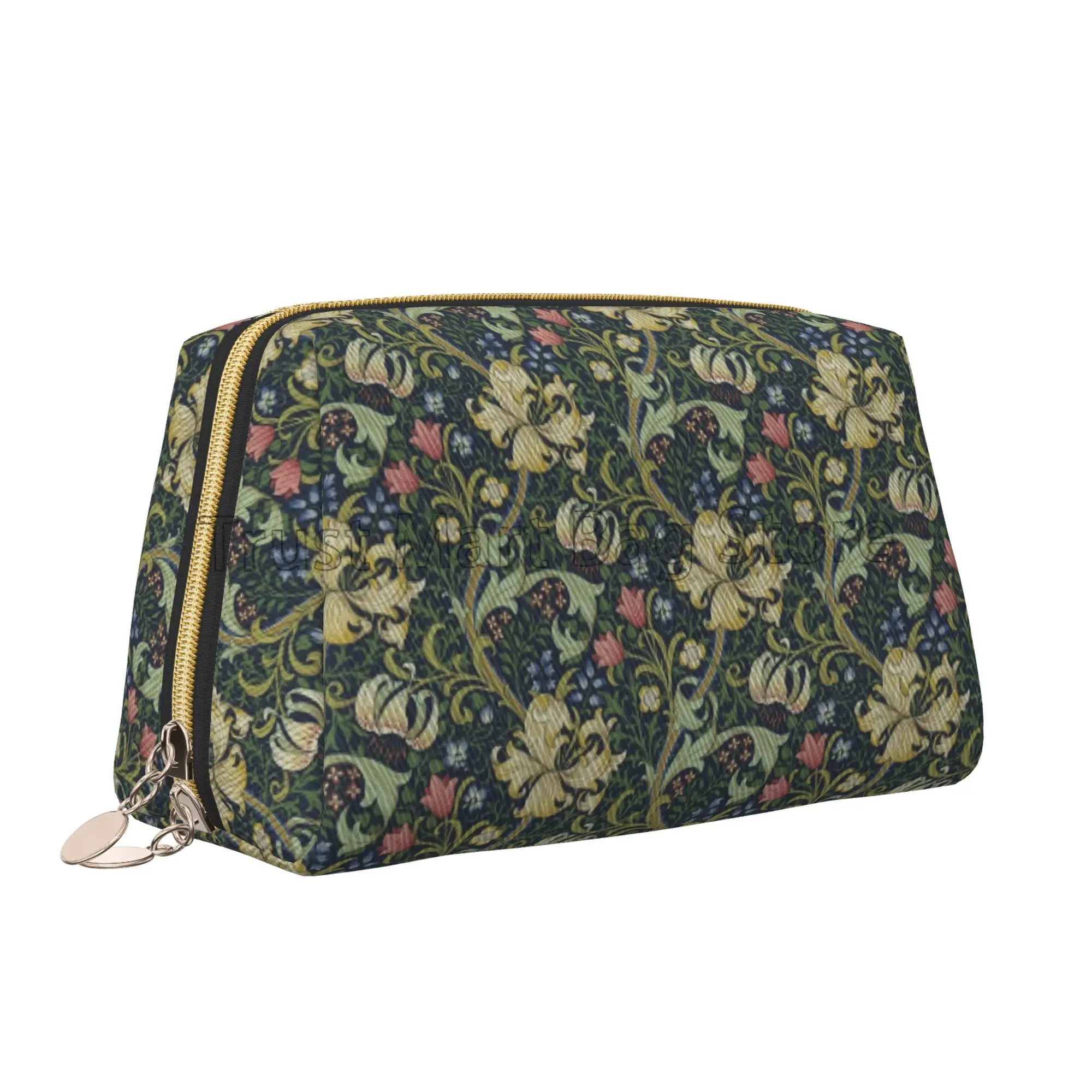 William Morris Print Makeup Bag Leather Travel Cosmetic Organizer Bag for Women Large Capacity Waterproof Toiletries Bag