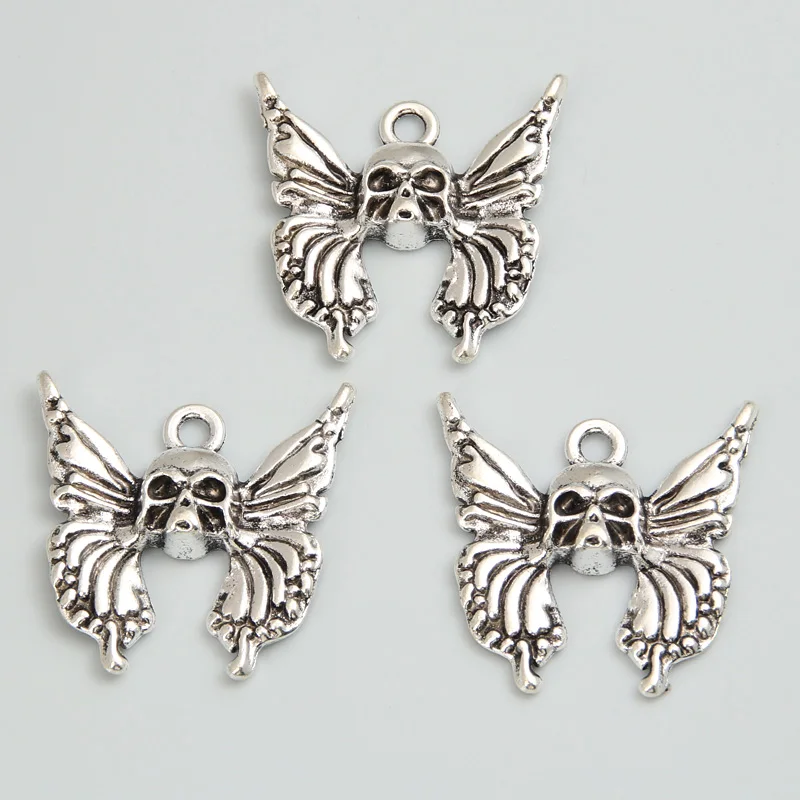 15pcs Silver Color 26x25mm Skull Wings Charms Skeleton Halloween Pendant For DIY Handmade Metal Jewelry Making Finding Supplies