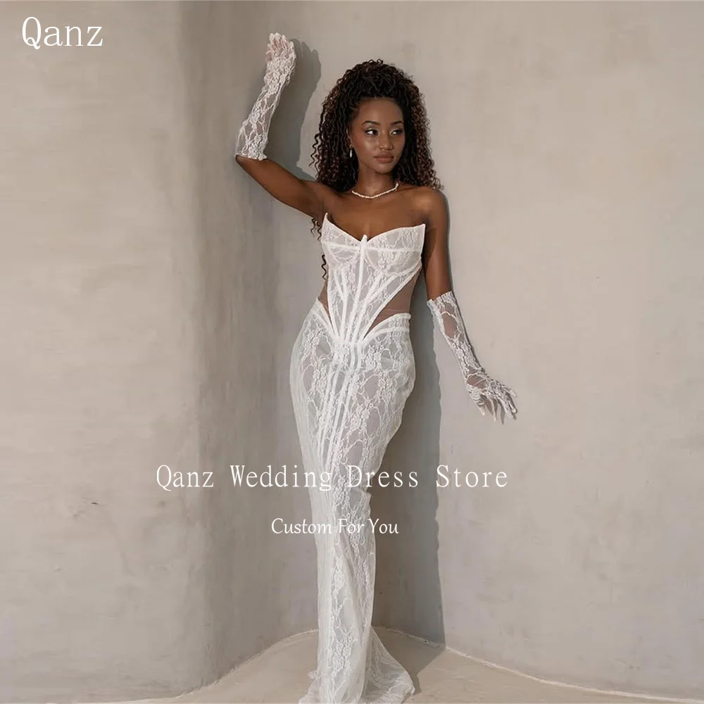 

Qanz White Illusion Wedding Dresses Women Lace Sweetheart Mermaid Bridal Gowns Sexy Vestido De Novia Civil Boda Customized