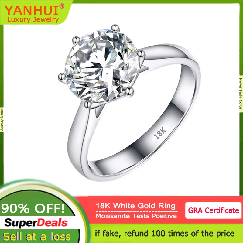 YANHUI Luxury 18K White Gold Rings Real Solitaire 1 Carat VVS Moissanite Diamond Rings Wedding Band Fine Jewelry For Women