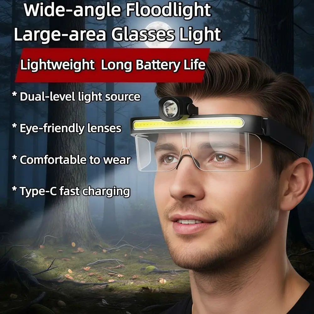 USB Charging LED Glasses Light Full View Large Flood LED Headlamp Dual Level Light Source Multi Functional Riding Fishing Light