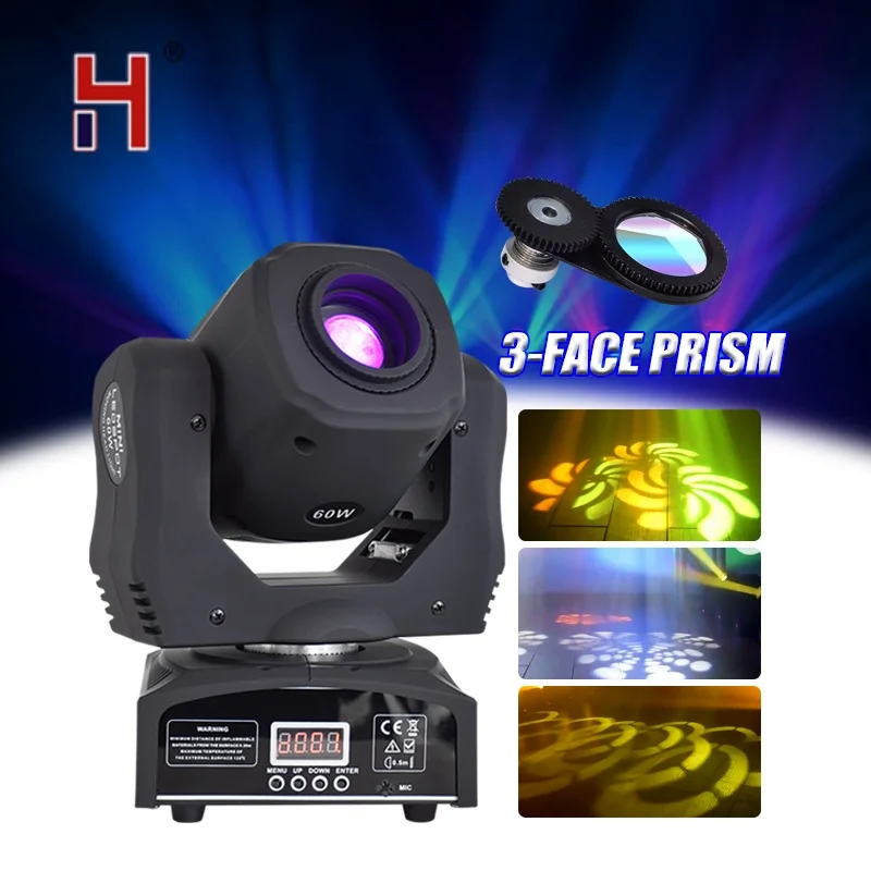

HongYi Mini Led Dmx Gobo Moving Head 60W Lyre DJ Spot 3-Face Prism Effect Of Rotation Stage Lighting DMX For Disco KTV Party DJ