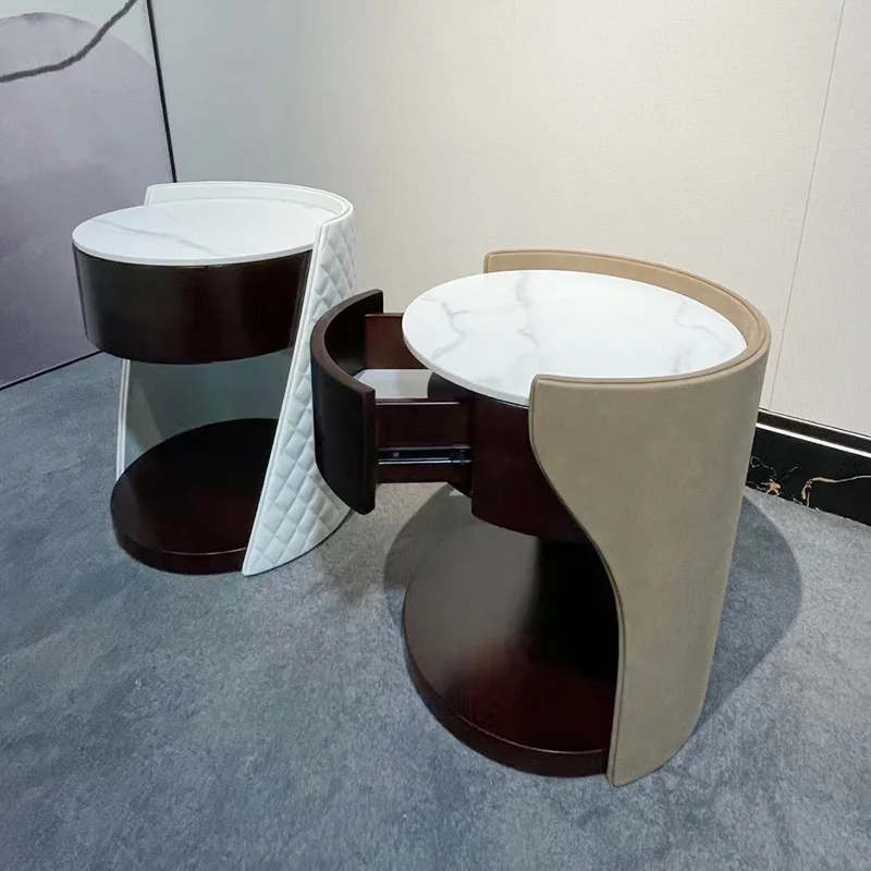Italian bedside walnut color round creative new Chinese bed cabinet, round edge table, solid wood cabinet
