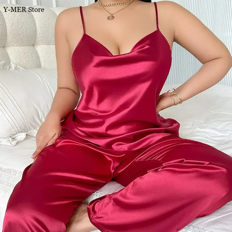 ビッグサイズ 4Xl 5Xl セクシーな女性のサテンナイトウェア女性の夏のシュミーズパジャマスーツナイト衣装新しいパジャマキャミ & ショーツ 2 個パジャマ