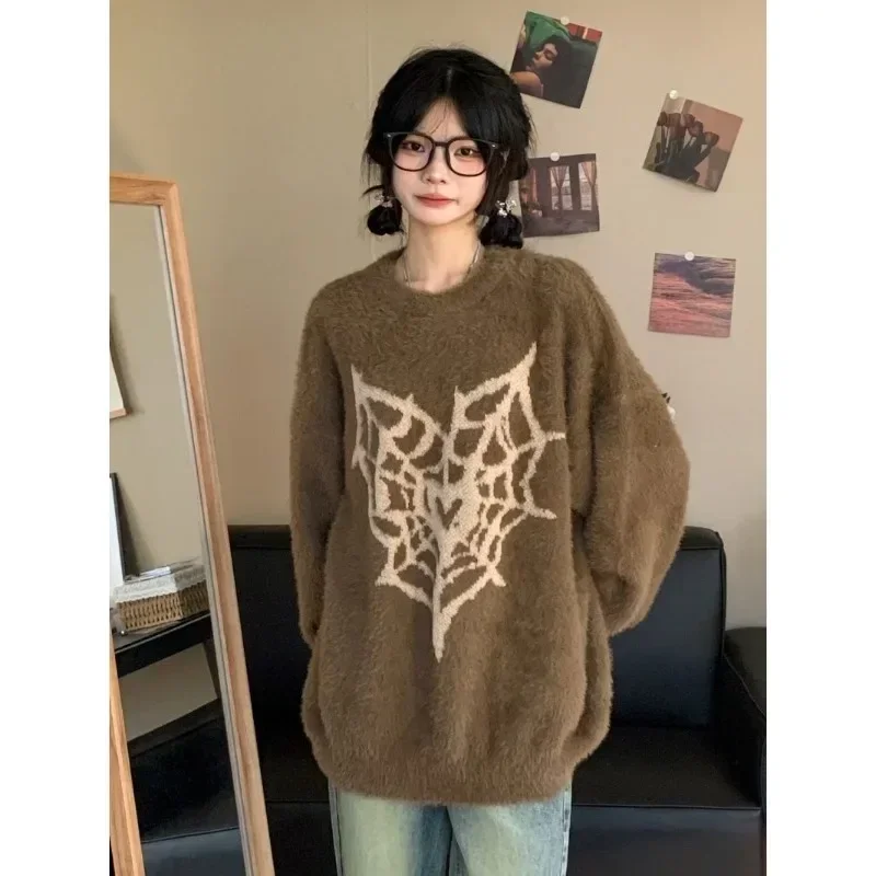 Vintage Spider Web Print O-Neck Long Sleeve Knitted Y2k Sweaters Women American Sueter Mujer Grunge Preppy Style Pullovers